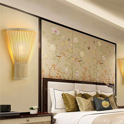 Traditional Chinese Trapezoid Bamboo 1-Light Wall Sconce Lamp For Bedroom