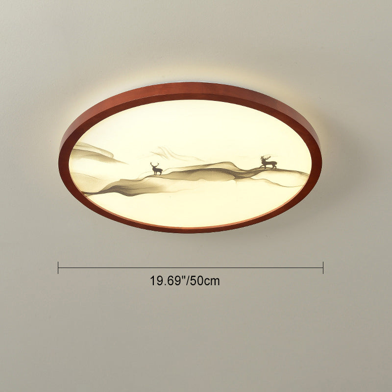 Traditional Chinese Round Solid Wood Acrylic LED Flush Mount Ceiling Light For Bedroom