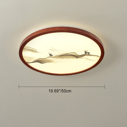 Traditional Chinese Round Solid Wood Acrylic LED Flush Mount Ceiling Light For Bedroom