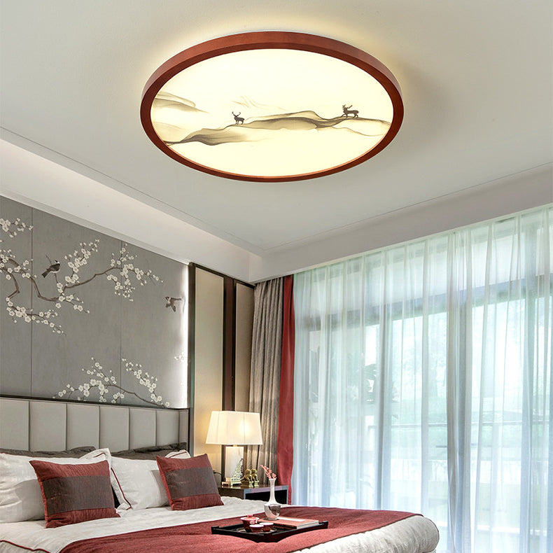 Traditional Chinese Round Solid Wood Acrylic LED Flush Mount Ceiling Light For Bedroom