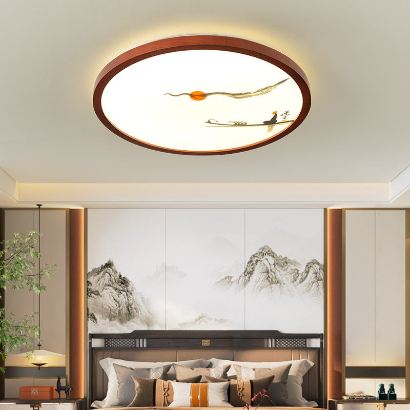 Traditional Chinese Round Solid Wood Acrylic LED Flush Mount Ceiling Light For Bedroom
