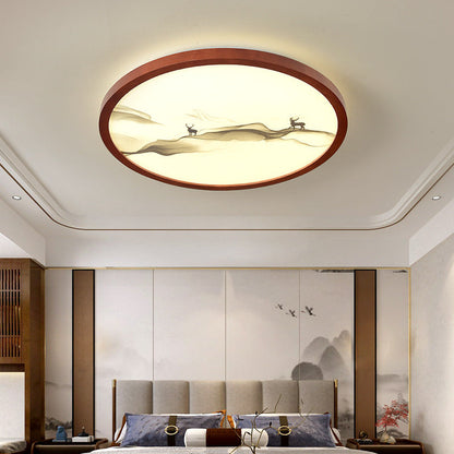Traditional Chinese Round Solid Wood Acrylic LED Flush Mount Ceiling Light For Bedroom