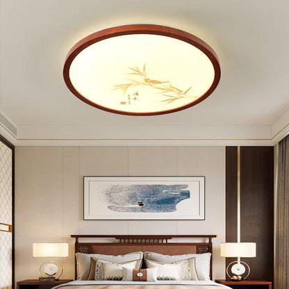 Traditional Chinese Round Solid Wood Acrylic LED Flush Mount Ceiling Light For Bedroom