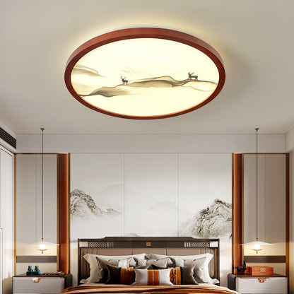 Traditional Chinese Round Solid Wood Acrylic LED Flush Mount Ceiling Light For Bedroom