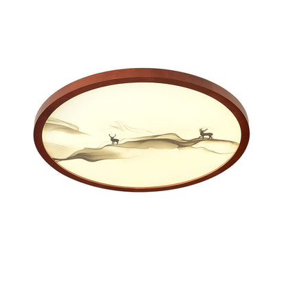 Traditional Chinese Round Solid Wood Acrylic LED Flush Mount Ceiling Light For Bedroom