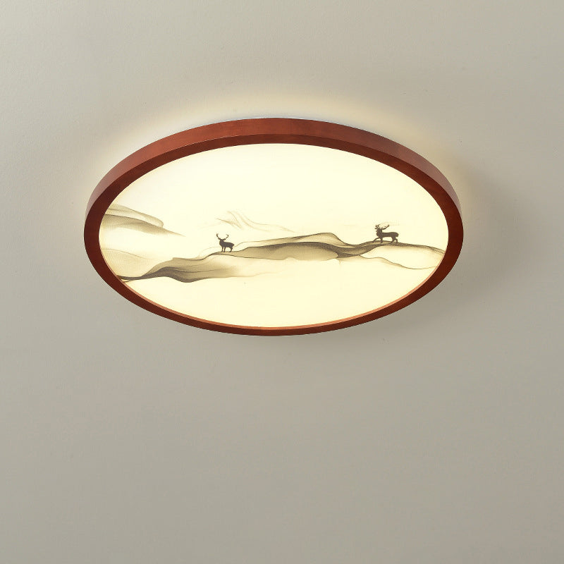 Traditional Chinese Round Solid Wood Acrylic LED Flush Mount Ceiling Light For Bedroom
