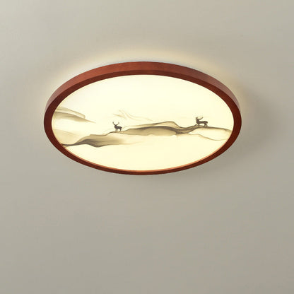 Traditional Chinese Round Solid Wood Acrylic LED Flush Mount Ceiling Light For Bedroom