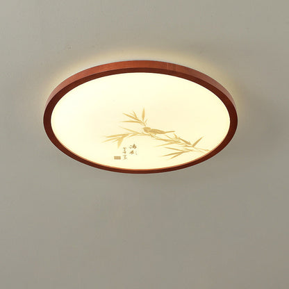 Traditional Chinese Round Solid Wood Acrylic LED Flush Mount Ceiling Light For Bedroom
