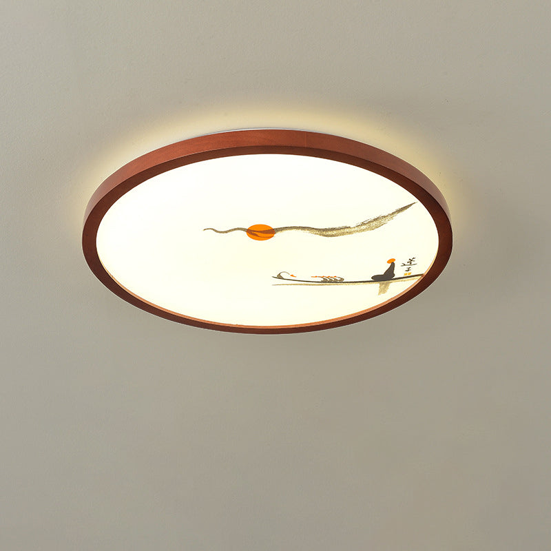 Traditional Chinese Round Solid Wood Acrylic LED Flush Mount Ceiling Light For Bedroom