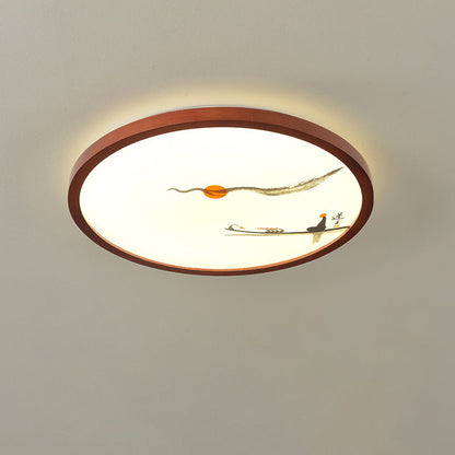 Traditional Chinese Round Solid Wood Acrylic LED Flush Mount Ceiling Light For Bedroom