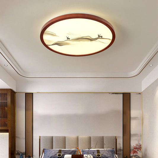 Traditional Chinese Round Solid Wood Acrylic LED Flush Mount Ceiling Light For Bedroom