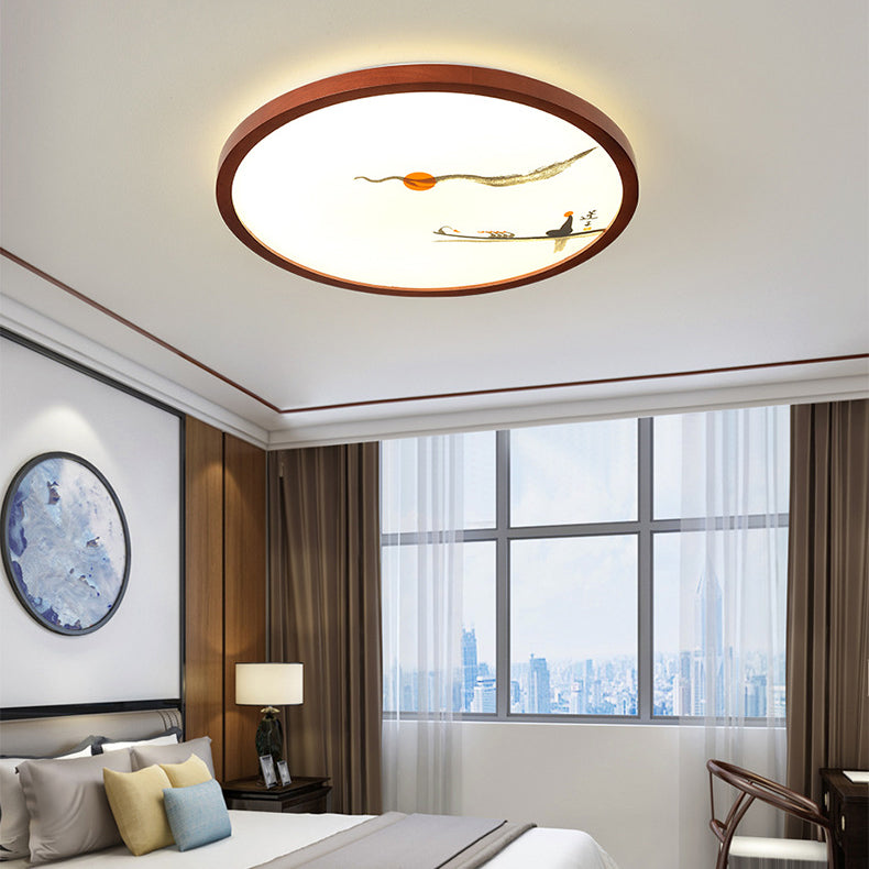 Traditional Chinese Round Solid Wood Acrylic LED Flush Mount Ceiling Light For Bedroom