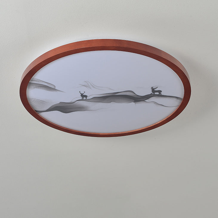 Traditional Chinese Round Solid Wood Acrylic LED Flush Mount Ceiling Light For Bedroom