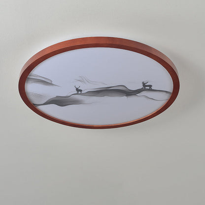 Traditional Chinese Round Solid Wood Acrylic LED Flush Mount Ceiling Light For Bedroom