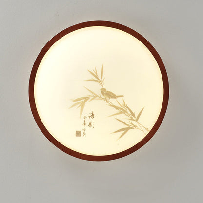 Traditional Chinese Round Solid Wood Acrylic LED Flush Mount Ceiling Light For Bedroom
