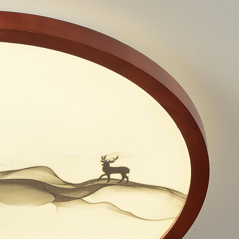 Traditional Chinese Round Solid Wood Acrylic LED Flush Mount Ceiling Light For Bedroom