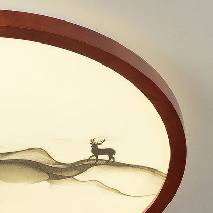Traditional Chinese Round Solid Wood Acrylic LED Flush Mount Ceiling Light For Bedroom