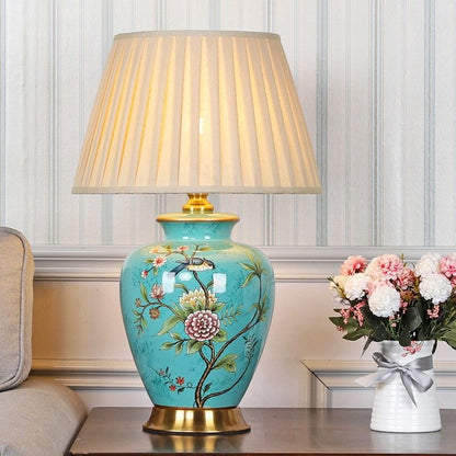 Traditional Chinese Cone Lampshade Ceramic Fabric Iron 1-Light Table Lamp For Living Room