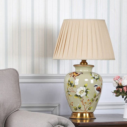Traditional Chinese Cone Lampshade Ceramic Fabric Iron 1-Light Table Lamp For Living Room