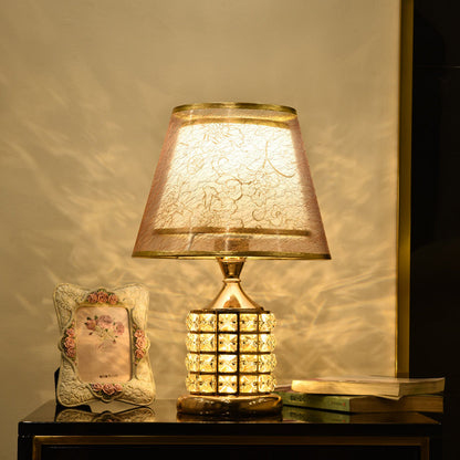 Traditional European Cone Lampshade Aluminum Crystal 1-Light Table Lamp For Bedroom