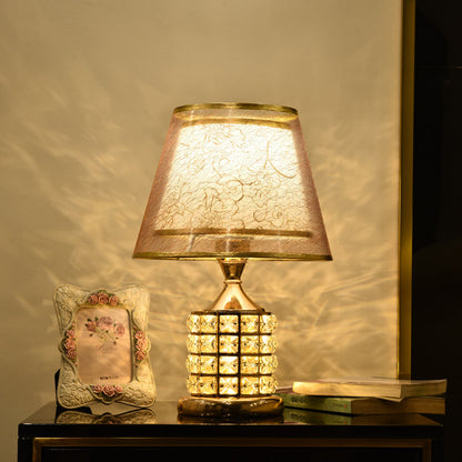 Traditional European Cone Lampshade Aluminum Crystal 1-Light Table Lamp For Bedroom