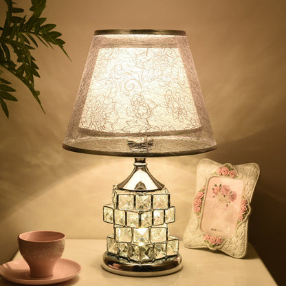 Traditional European Cone Lampshade Aluminum Crystal 1-Light Table Lamp For Bedroom