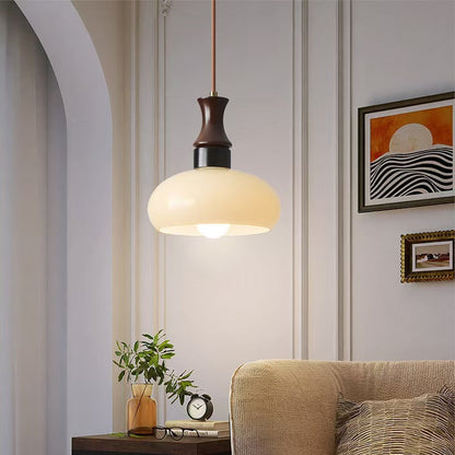 Modern Mid-Century Round Metal Rubberwood Glass 1-Light Pendant Light For Living Room