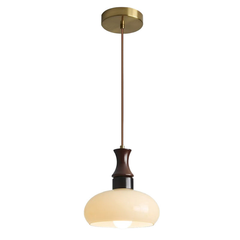 Modern Mid-Century Round Metal Rubberwood Glass 1-Light Pendant Light For Living Room
