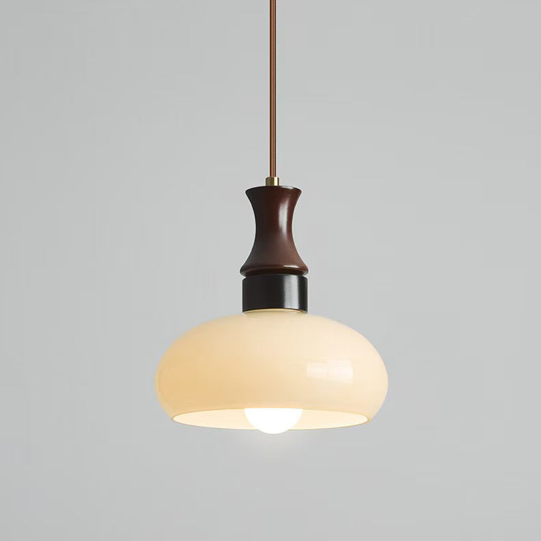 Modern Mid-Century Round Metal Rubberwood Glass 1-Light Pendant Light For Living Room