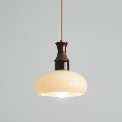 Modern Mid-Century Round Metal Rubberwood Glass 1-Light Pendant Light For Living Room