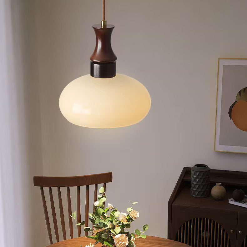 Modern Mid-Century Round Metal Rubberwood Glass 1-Light Pendant Light For Living Room
