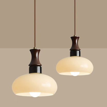 Modern Mid-Century Round Metal Rubberwood Glass 1-Light Pendant Light For Living Room