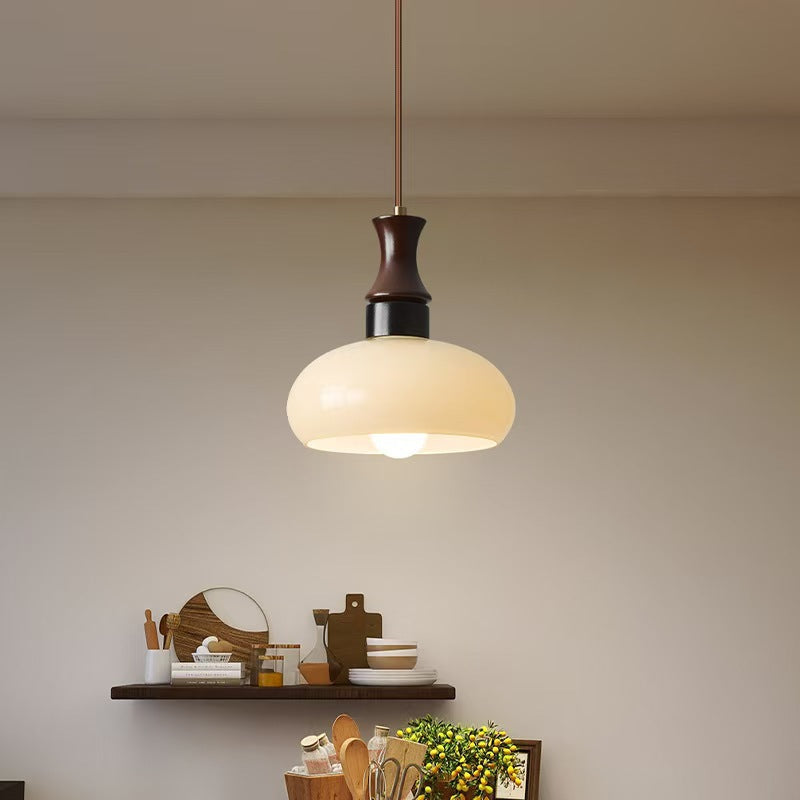 Modern Mid-Century Round Metal Rubberwood Glass 1-Light Pendant Light For Living Room