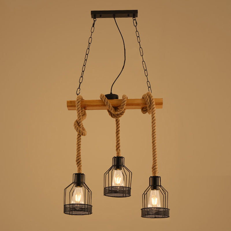 Traditional Rustic Cage Iron Rope Solid Wood 3/5 Light Chandelier Island Light For Dining Room