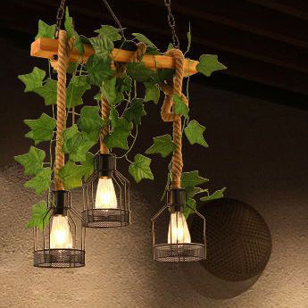 Traditional Rustic Cage Iron Rope Solid Wood 3/5 Light Chandelier Island Light For Dining Room