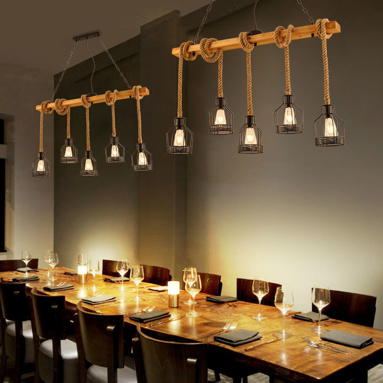 Traditional Rustic Cage Iron Rope Solid Wood 3/5 Light Chandelier Island Light For Dining Room