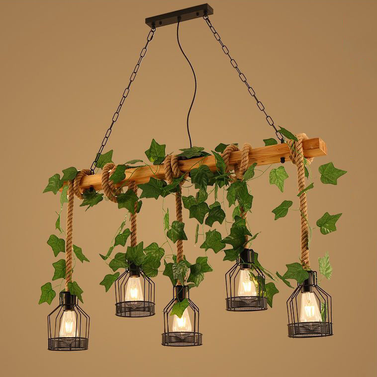 Traditional Rustic Cage Iron Rope Solid Wood 3/5 Light Chandelier Island Light For Dining Room