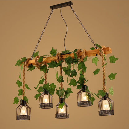 Traditional Rustic Cage Iron Rope Solid Wood 3/5 Light Chandelier Island Light For Dining Room