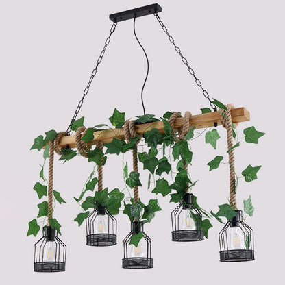 Traditional Rustic Cage Iron Rope Solid Wood 3/5 Light Chandelier Island Light For Dining Room