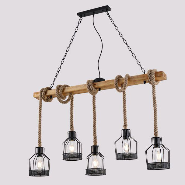 Traditional Rustic Cage Iron Rope Solid Wood 3/5 Light Chandelier Island Light For Dining Room