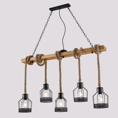 Traditional Rustic Cage Iron Rope Solid Wood 3/5 Light Chandelier Island Light For Dining Room