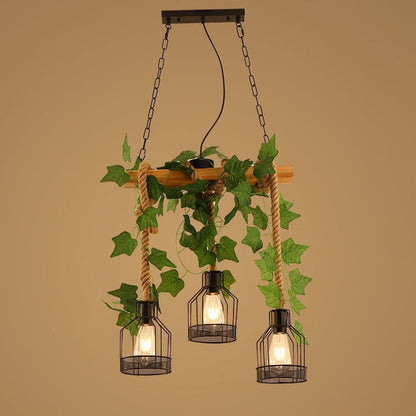 Traditional Rustic Cage Iron Rope Solid Wood 3/5 Light Chandelier Island Light For Dining Room