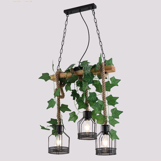 Traditional Rustic Cage Iron Rope Solid Wood 3/5 Light Chandelier Island Light For Dining Room
