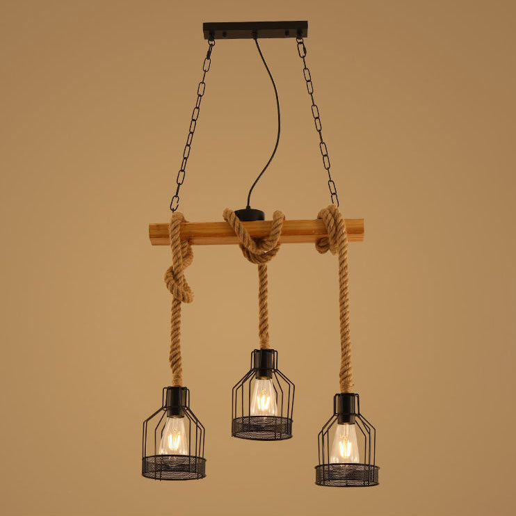 Traditional Rustic Cage Iron Rope Solid Wood 3/5 Light Chandelier Island Light For Dining Room