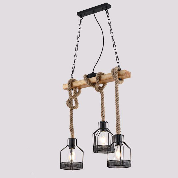 Traditional Rustic Cage Iron Rope Solid Wood 3/5 Light Chandelier Island Light For Dining Room