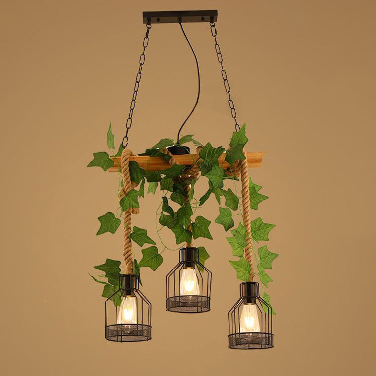 Traditional Rustic Cage Iron Rope Solid Wood 3/5 Light Chandelier Island Light For Dining Room