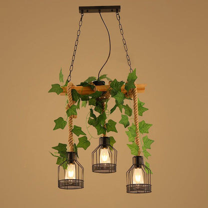 Traditional Rustic Cage Iron Rope Solid Wood 3/5 Light Chandelier Island Light For Dining Room