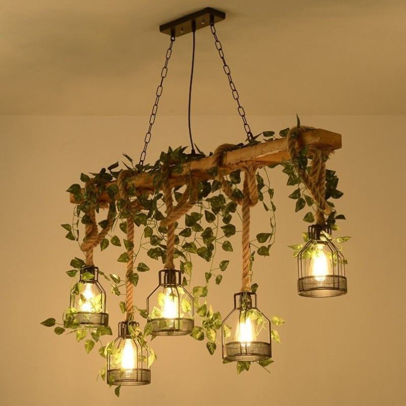 Traditional Rustic Cage Iron Rope Solid Wood 3/5 Light Chandelier Island Light For Dining Room