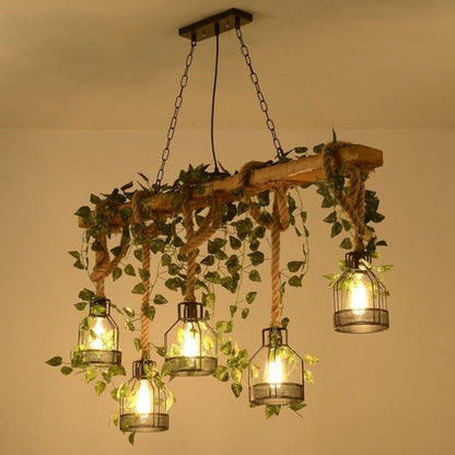 Traditional Rustic Cage Iron Rope Solid Wood 3/5 Light Chandelier Island Light For Dining Room