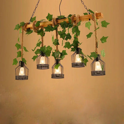 Traditional Rustic Cage Iron Rope Solid Wood 3/5 Light Chandelier Island Light For Dining Room